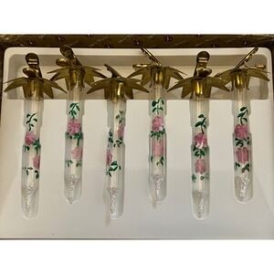 Vintage Dillards Blown Glass Painted Flowers Clip On Christmas Ornaments